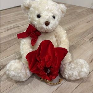 White Teddy Bear with Red Bow and Pouch